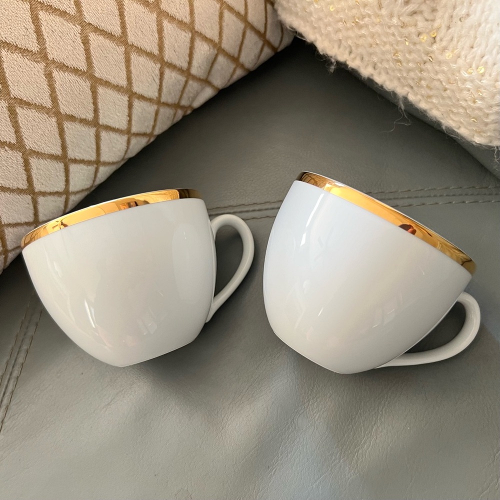 WILLIAMS SONOMA Brasserie JAPAN Gold Band PORCELAIN Tea Coffee Cups SET of 2